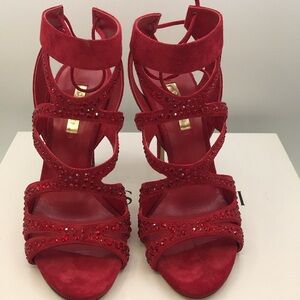 Casadei Red Suede Crystal-Strap High Heel Sandals